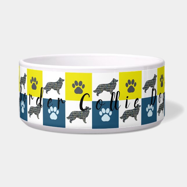 Border Collie Silhouette Dog & Paw Y&B Grid Napf (Vorderseite)