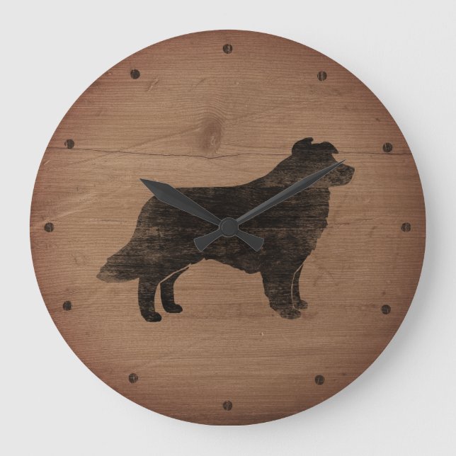 Border Collie Silhouette Rustikaler Stil Große Wanduhr (Vorderseite)