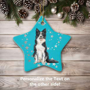 Border Collie Silver Stars Aquamarin Weihnachten Keramik Ornament