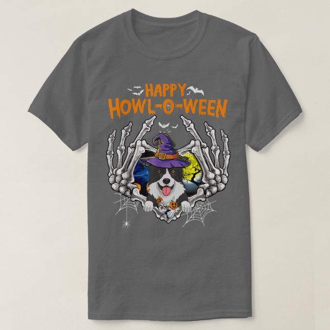 Border Collie Skeleton Heart Happy Howl-o-ween Cos T-Shirt (Design vorne)