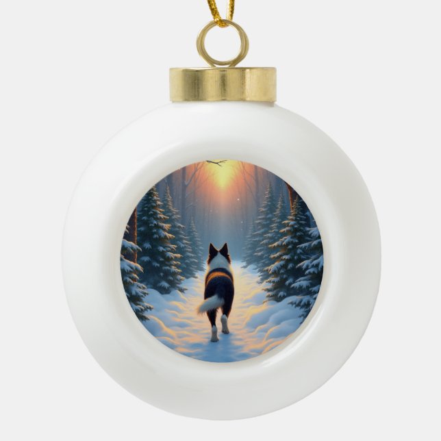Border Collie Snowy Forest Walk Holiday Painting Keramik Kugel-Ornament (Vorderseite)
