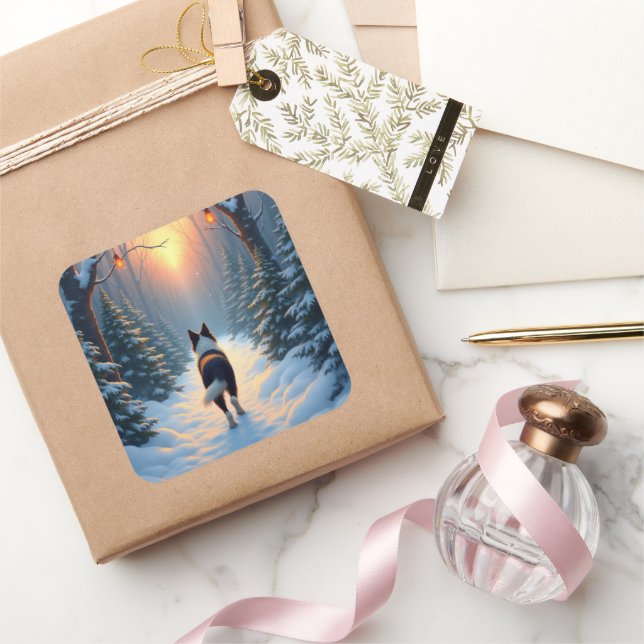 Border Collie Snowy Forest Walk Holiday Painting Quadratischer Aufkleber (Schenken)