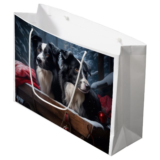 Border Collie Snowy Sleigh Weihnachtsdekor Große Geschenktüte (Vorderseite Schrägansicht)