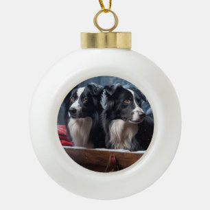 Border Collie Snowy Sleigh Weihnachtsdekor Keramik Kugel-Ornament
