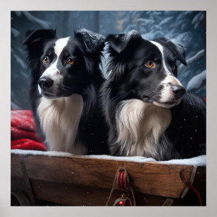 Border Collie Snowy Sleigh Weihnachtsdekor Poster