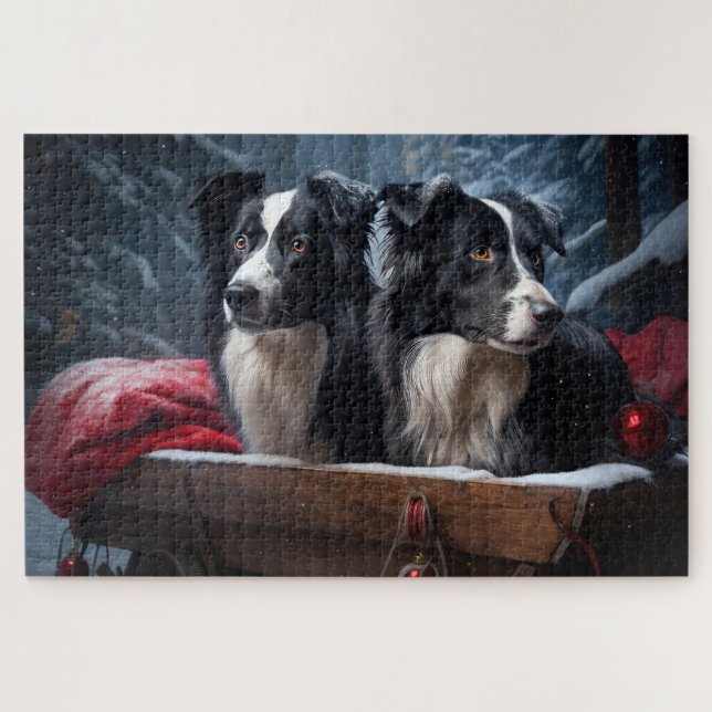 Border Collie Snowy Sleigh Weihnachtsdekor Puzzle (Horizontal)