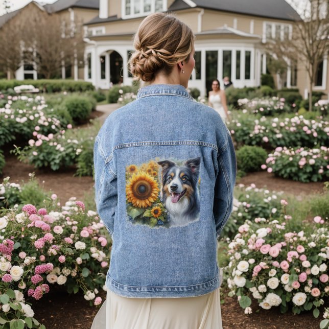 Border Collie Sunflower Dog Lover Denim Jacket Jeansjacke (Hochzeit Rückseite)