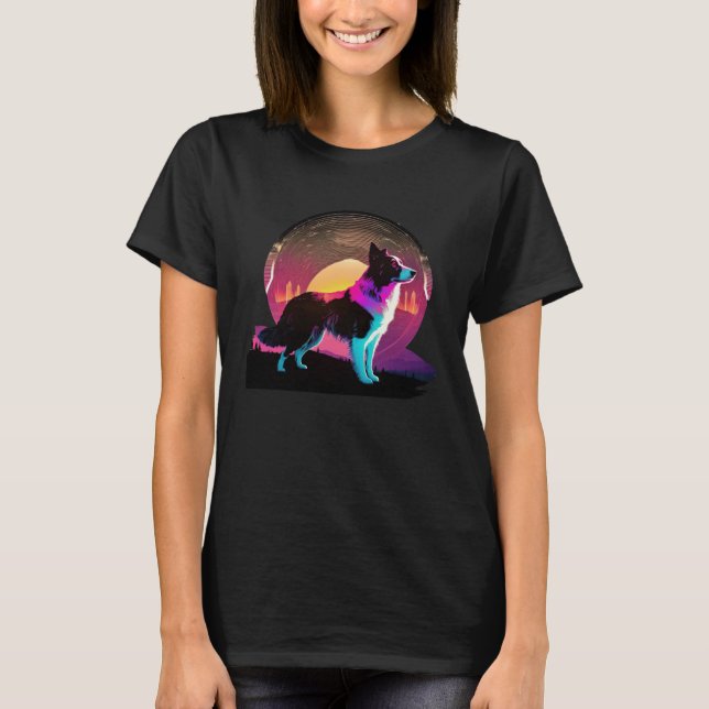 Border Collie Synthwave 80s Retrowave Aesthetic T-Shirt (Vorderseite)