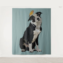 BORDER-COLLIE U. GOLDENER VOGEL WANDTEPPICH
