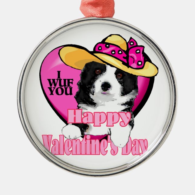 Border Collie Valentinstag Silbernes Ornament (Vorne)