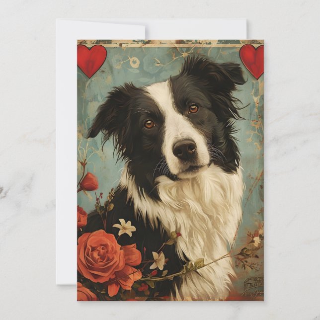 Border Collie Vintag Valentinstag Feiertagskarte (Vorderseite)