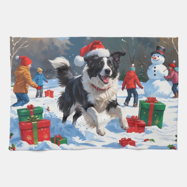 Border Collie Weihnachts-Schneeszene Geschirrtuch (Horizontal)