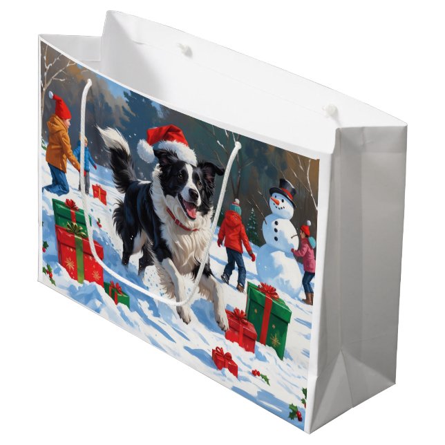 Border Collie Weihnachts-Schneeszene Große Geschenktüte (Vorderseite Schrägansicht)