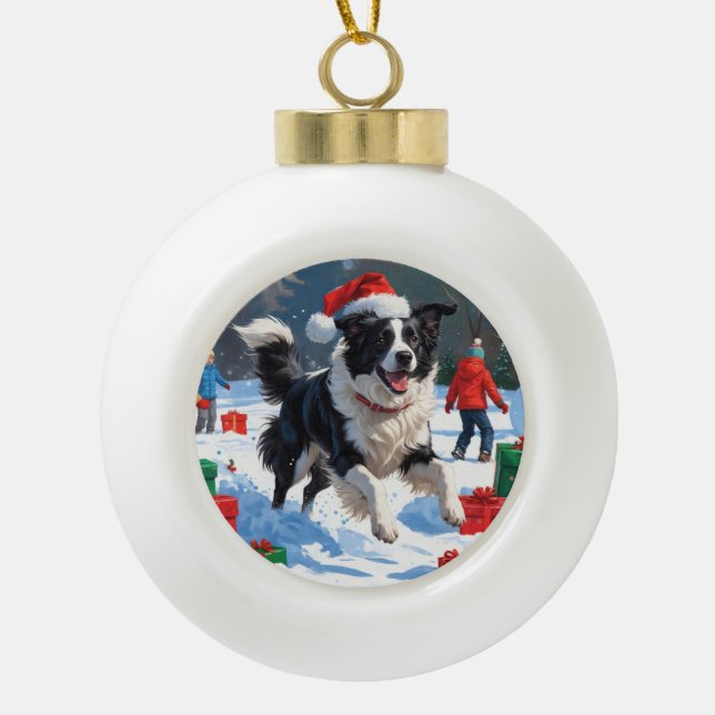 Border Collie Weihnachts-Schneeszene Keramik Kugel-Ornament (Vorderseite)