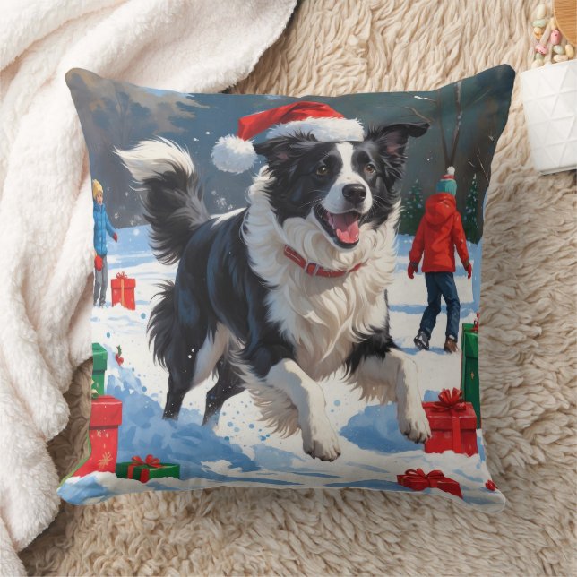 Border Collie Weihnachts-Schneeszene Kissen (Decke)