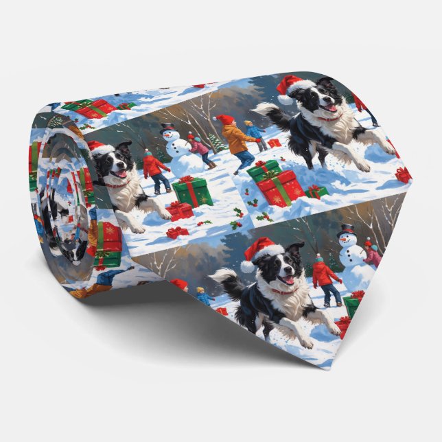 Border Collie Weihnachts-Schneeszene Krawatte (Gerollt)