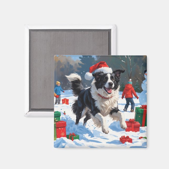Border Collie Weihnachts-Schneeszene Magnet (Vorderseite/Rückseite)