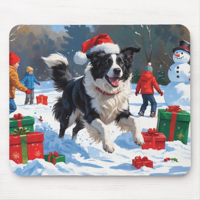 Border Collie Weihnachts-Schneeszene Mousepad (Vorne)