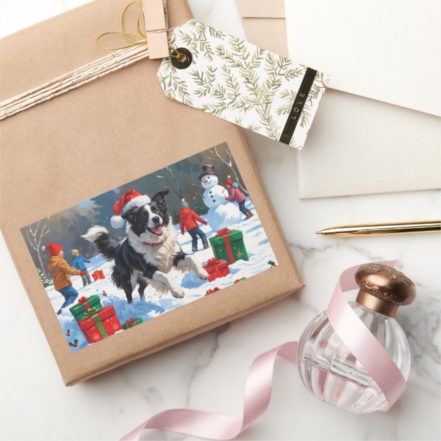 Border Collie Weihnachts-Schneeszene Rechteckiger Aufkleber (Schenken)