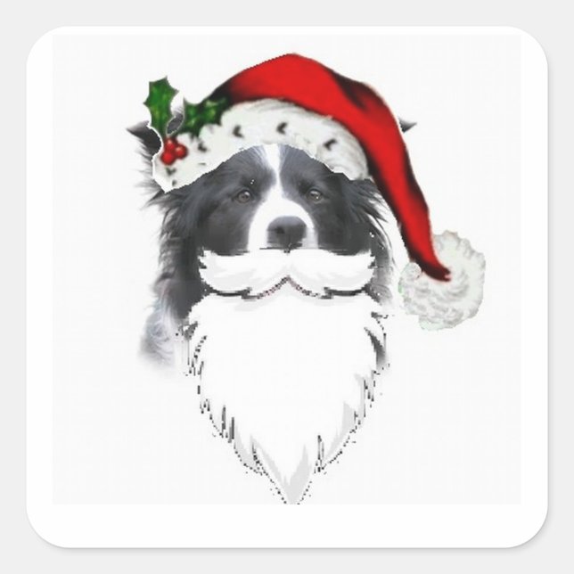 Border Collie Weihnachtsaufkleber~Santa mit Bart Quadratischer Aufkleber (Vorderseite)