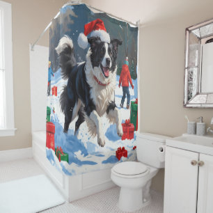 Border Collie Weihnachtsfestliche Schneeszene Duschvorhang