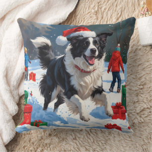 Border Collie Weihnachtsfestliche Schneeszene Kissen