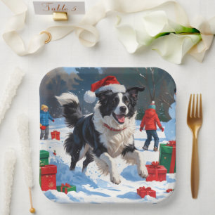 Border Collie Weihnachtsfestliche Schneeszene Pappteller