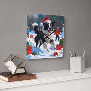 Border Collie Weihnachtsfestliche Schneeszene Quadratische Wanduhr