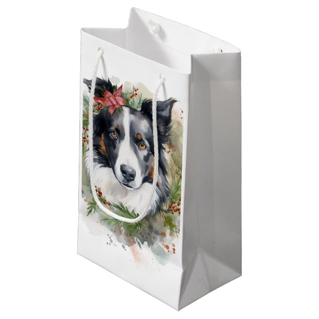 Border Collie Weihnachtsmann Festliche Jungfrau Kleine Geschenktüte (Vorderseite Schrägansicht)