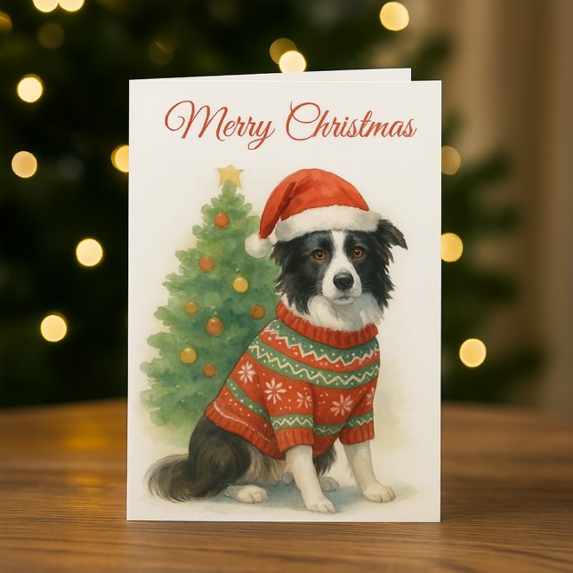 Border Collie Weihnachtsmannmütze & Baum Feiertagskarte (A perfect Christmas card for "Border Collie " dog lovers. )