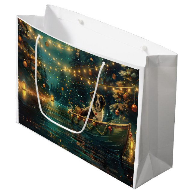 Border Collie Weihnachtsreise Große Geschenktüte (Vorderseite Schrägansicht)