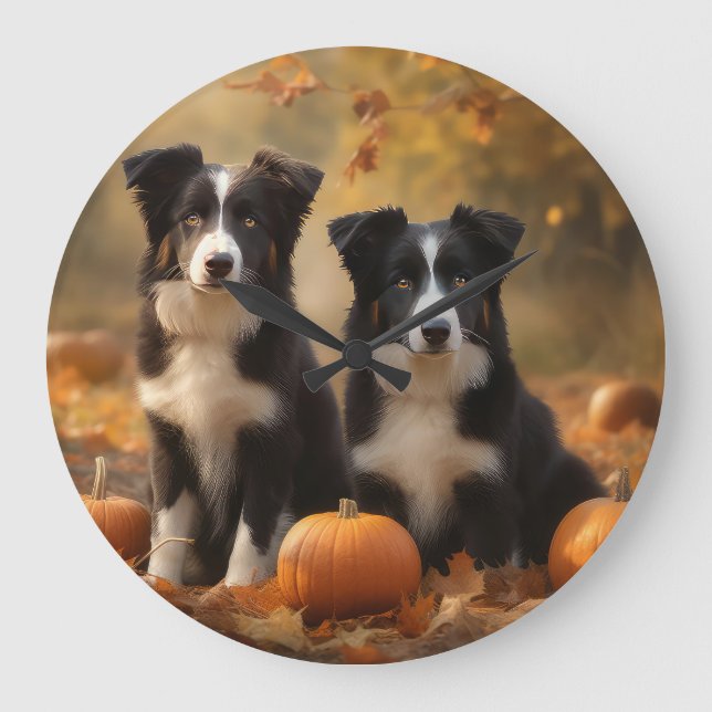 Border Collie Welpe Autumn Delight Pumpen Große Wanduhr (Vorderseite)