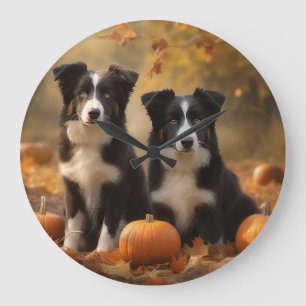 Border Collie Welpe Herbstfreude Kürbis Große Wanduhr