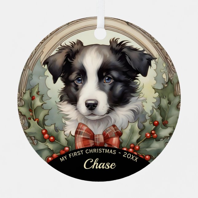 Border Collie Welppy's First Christmas Ornament Aus Metall (Vorderseite)