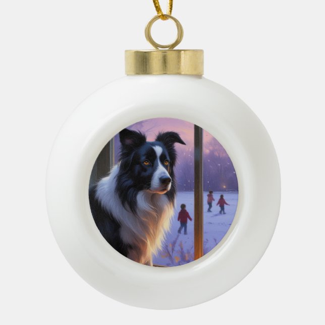 Border Collie With Christmas Lights Holiday Keramik Kugel-Ornament (Vorderseite)