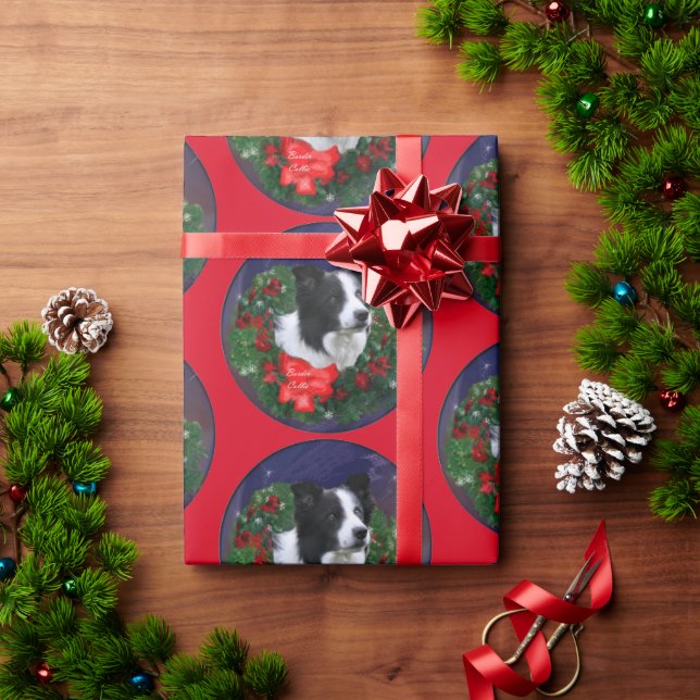 Border Collie Wreath Christmas Geschenkpapier (Feiertagsgeschenk)