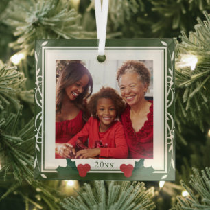 Border Green White Holly Familie Weihnachten Ornament Aus Glas