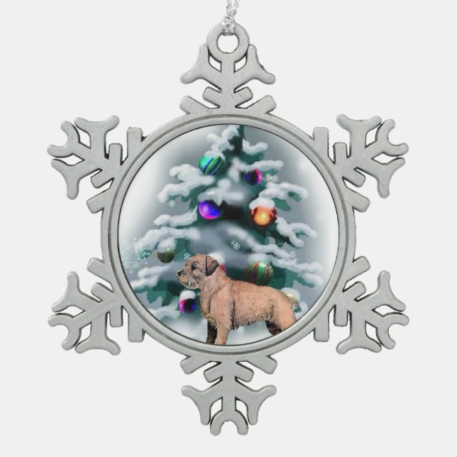 Border Terrier Christmas Schneeflocken Zinn-Ornament (Vorderseite)