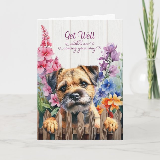 Border Terrier Dog with Gladiolus Garden Get Well Karte (Vorderseite)