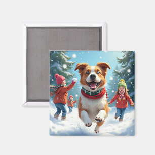 Border Terrier Schneeballkampf Weihnachtsbild Magnet