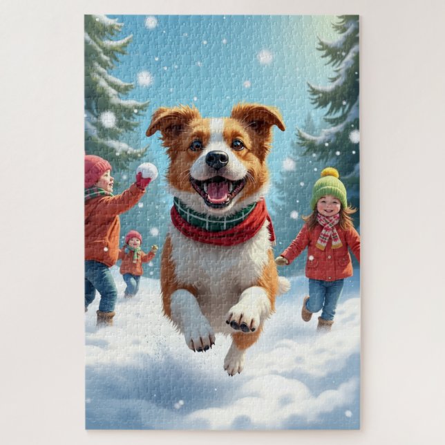 Border Terrier Schneeballkampf Weihnachtsbild Puzzle (Vertikal)