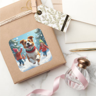 Border Terrier Schneeballkampf Weihnachtsbild Quadratischer Aufkleber