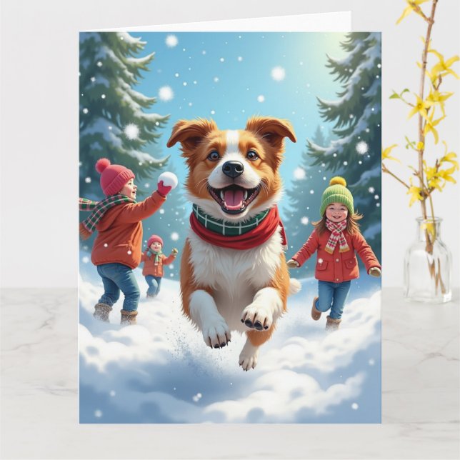 Border Terrier Snowball Fight Christmas Painting Karte (Gelbe Blume)