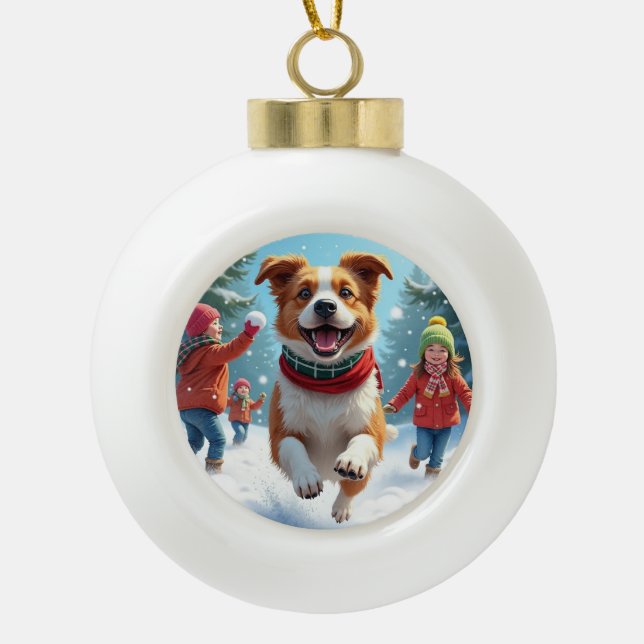 Border Terrier Snowball Fight Christmas Painting Keramik Kugel-Ornament (Vorderseite)