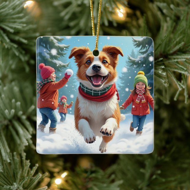 Border Terrier Snowball Fight Christmas Painting Keramikornament (Baum)