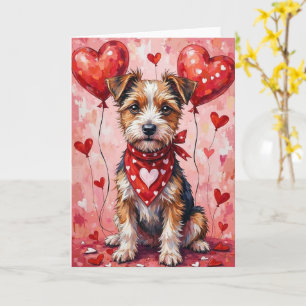 Border Terrier Valentine Hund sitzt mit Herzen Karte