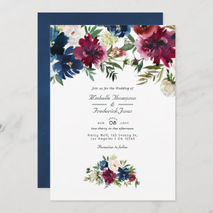 Bordo and Navy Watercolor Floral QR Code Hochzeit Einladung