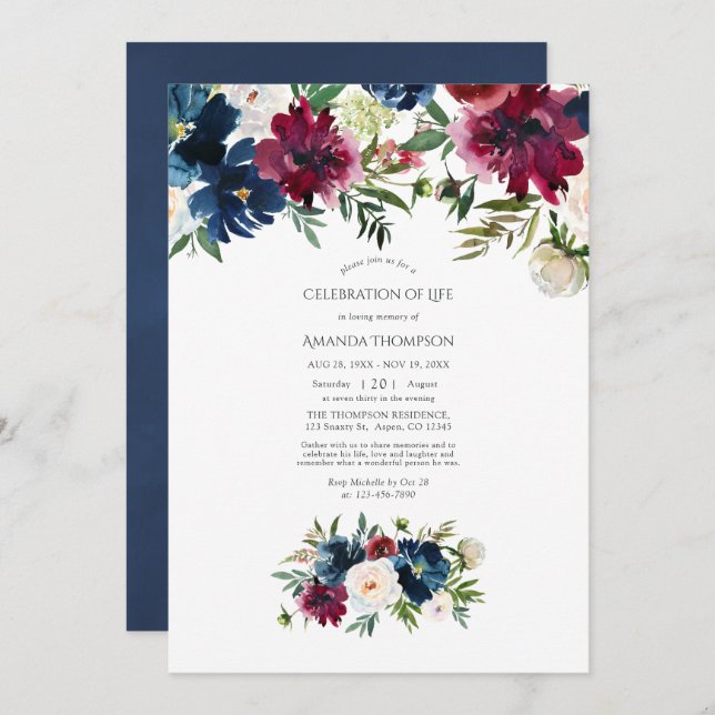 Bordo & Navy Aquarell Blumenfeier Einladung (Vorne/Hinten)