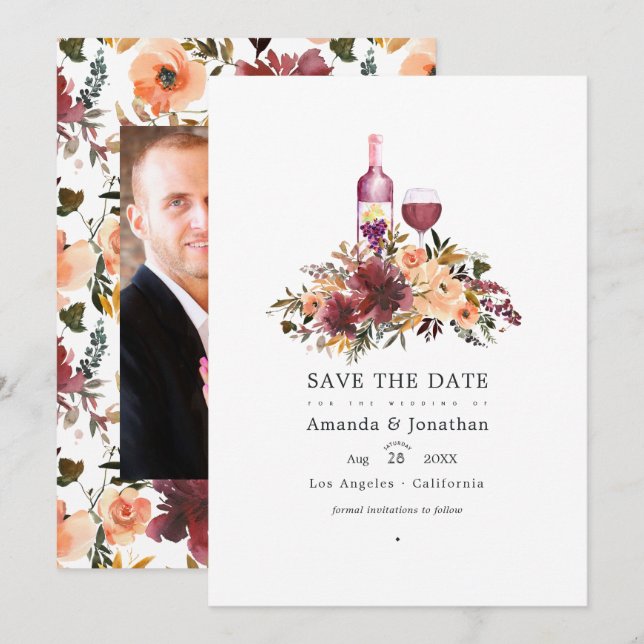 Bordo Peach Floral Wine Degustation Wedding Save The Date (Vorne/Hinten)