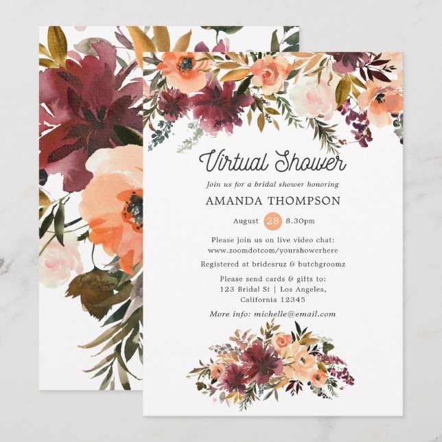 Bordo Peach Watercolor Virtual Brautparty Einladung (Vorne/Hinten)
